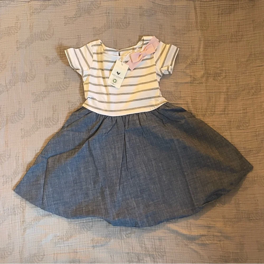 Organic Knit Skater Dress White and Grey Stripe Hope & Henry - Picture 1 of 1